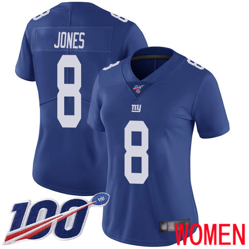 Women New York Giants #8 Daniel Jones Royal Blue Team Color Vapor Untouchable Limited Player 100th Season Football NFL Jersey